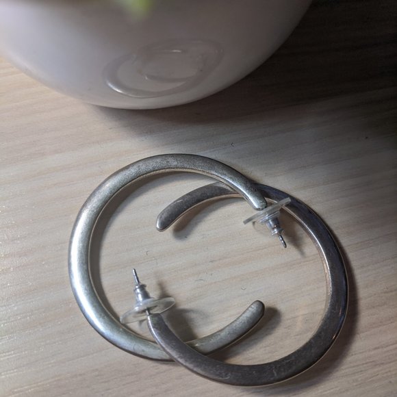 Large Silver Stainless Steel Hoop Earrings w/ Post - Picture 3 of 4